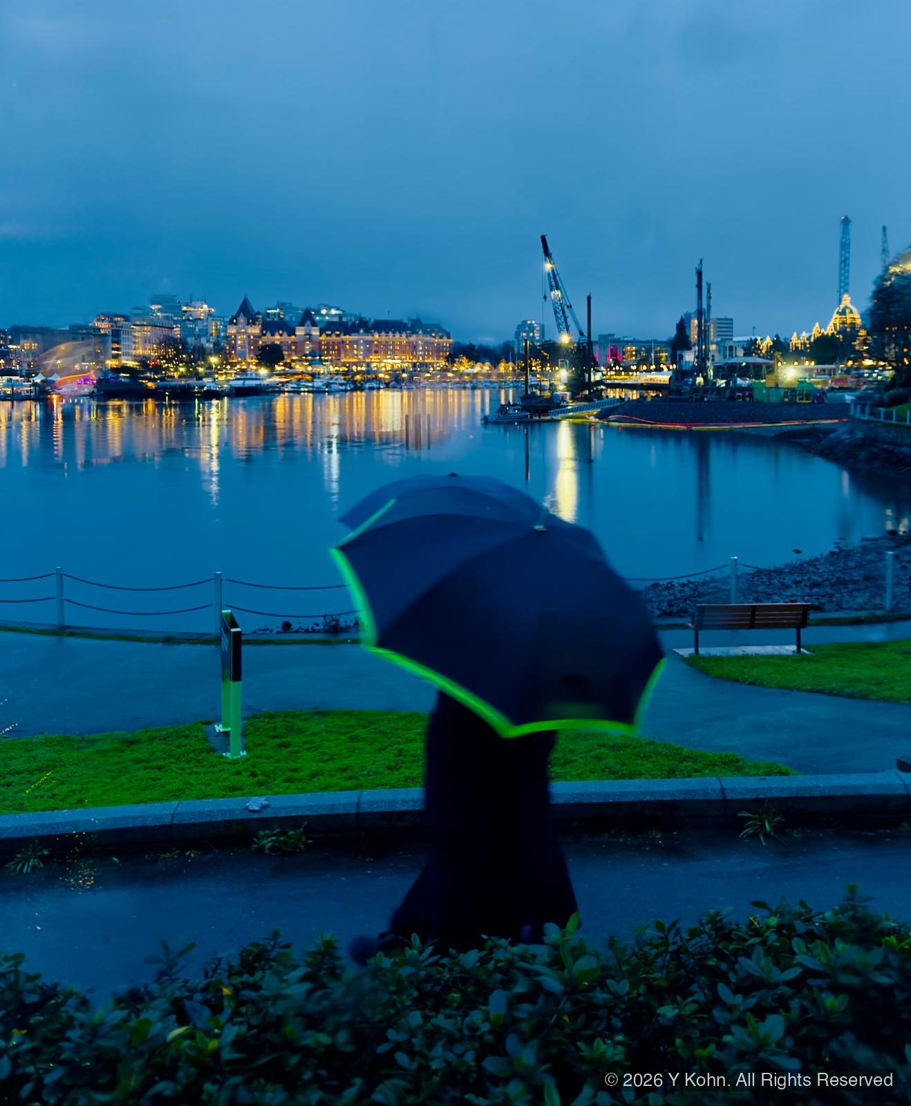 Victoria Inner Harbour at dusk with an umbrella in the foreground